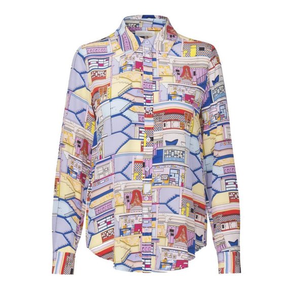 STINE GOYA Tops - Stine Goya Maxwell Palazzo Doll House Print Silk Shirt Top Pastel Stairs Room XL
